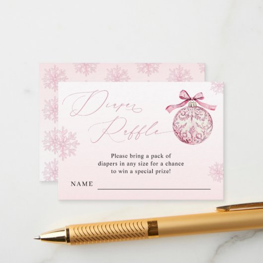 Pink Bow Christmas Ball Winter Girl Diaper Raffle Informatiekaartje (Voorkant / Achterkant in situ)