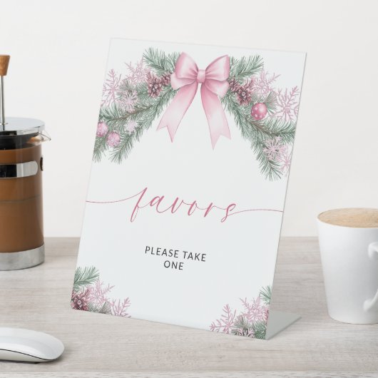 Pink Bow Christmas Favors Reclamebord Met Voetstuk (Insitu)