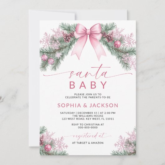 Pink Bow Christmas Santa Baby shower Invitation Kaart (Voorkant)