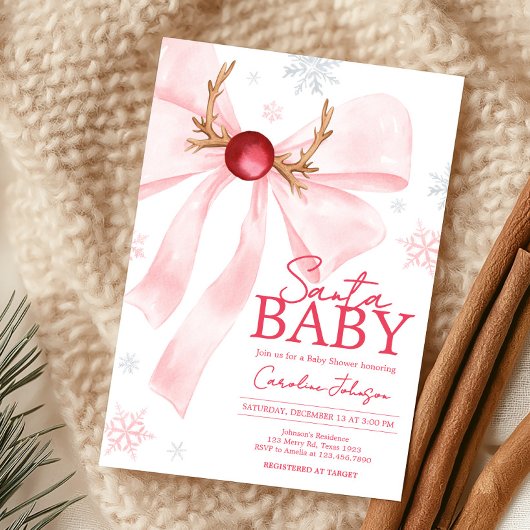 Pink Bow Christmas Snowflakes Baby shower Kaart