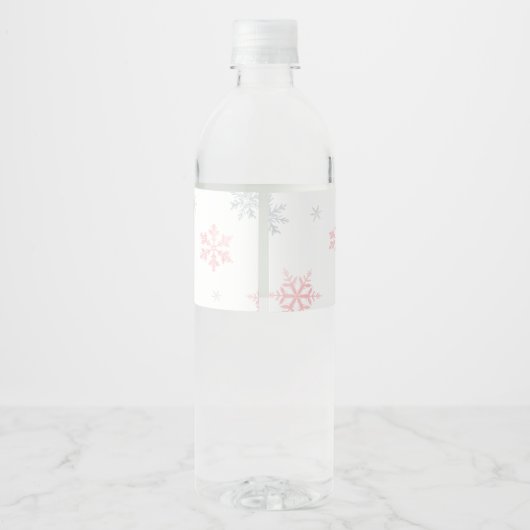 Pink Bow Christmas Snowflakes Baby shower Waterfles Etiket (Achterkant)