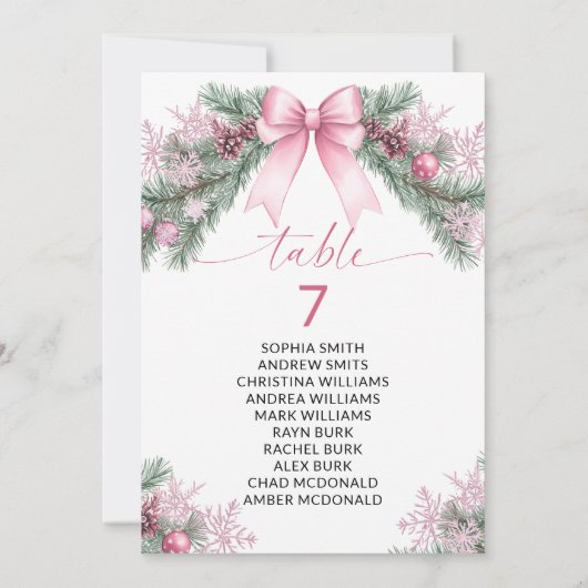 Pink Bow Christmas Table Number Seating Chart Kaart (Achterkant)