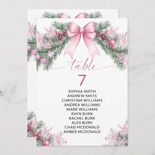 Pink Bow Christmas Table Number Seating Chart Kaart (Voorkant / Achterkant)