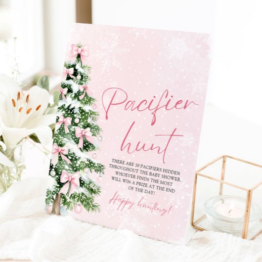 Pink Bow Christmas Tree Baby shower Pacifier Hunt Reclamebord Met Voetstuk