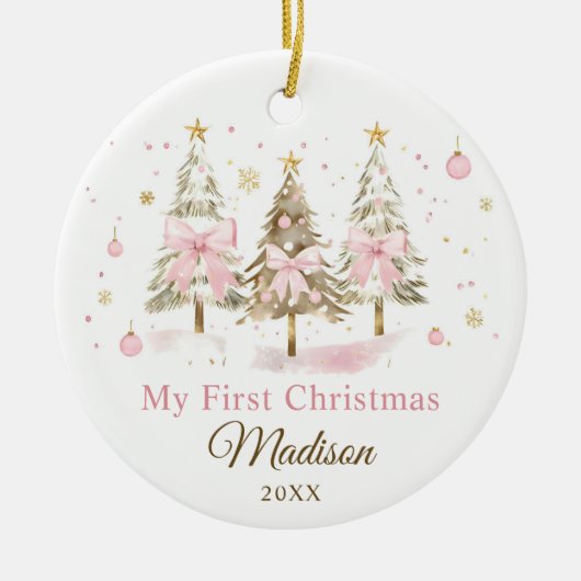Pink Bow Christmas Tree Girl First Christmas Keramisch Ornament (Voorkant)