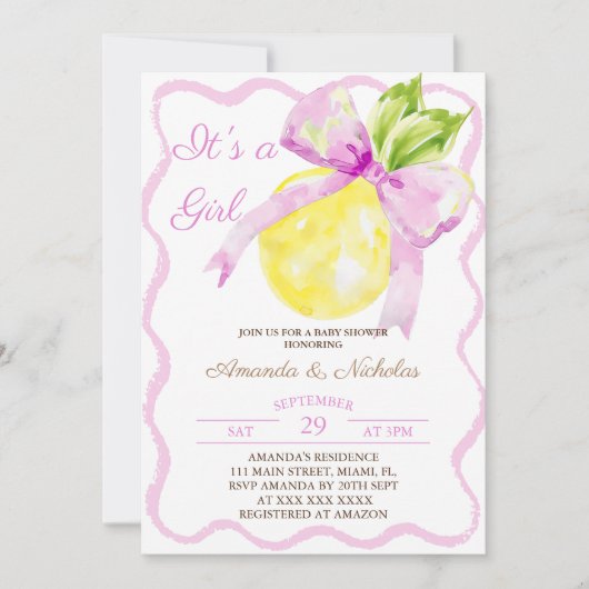 Pink Bow Citrus Girl Baby shower Kaart (Voorkant)