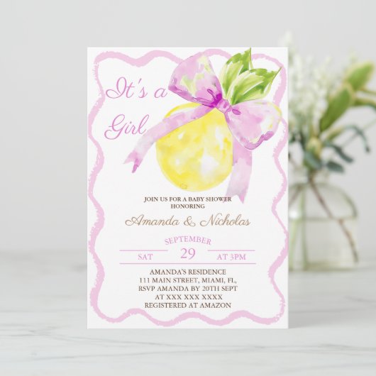 Pink Bow Citrus Girl Baby shower Kaart (Staand voorkant)