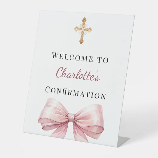 Pink bow Confirmation welcome Reclamebord Met Voetstuk (Voorkant)