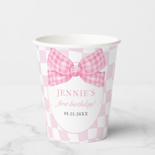Pink Bow Coquette 1e Verjaardagsfeest Papieren Bekers (Voorkant)