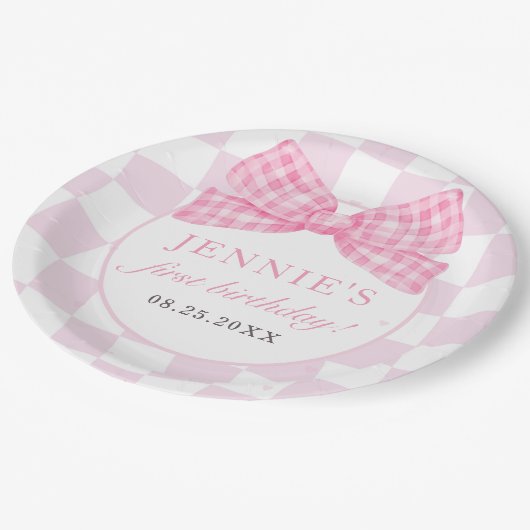 Pink Bow Coquette 1e Verjaardagsfeest Papieren Bordje (Gekanteld)