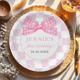 Pink Bow Coquette 1e Verjaardagsfeest Papieren Bordje