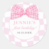 Pink Bow Coquette 1e Verjaardagsfeest Ronde Sticker (Voorkant)