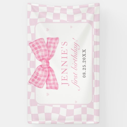 Pink Bow Coquette 1e Verjaardagsfeest Spandoek (Verticaal)