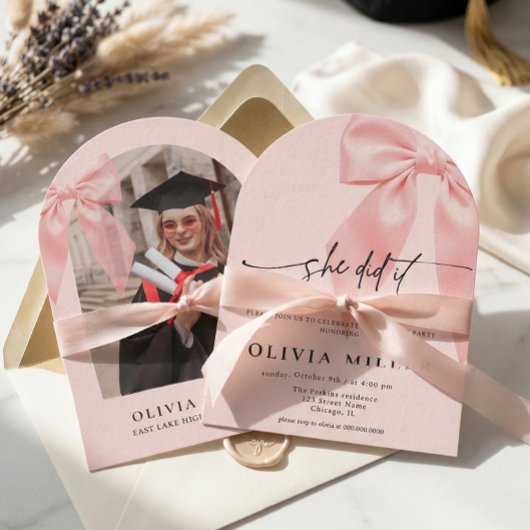 Pink Bow Coquette Arched Photo Graduation Party Kaart