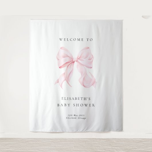 Pink Bow Coquette Baby Shower Backdrop Wandkleed (Voorkant)