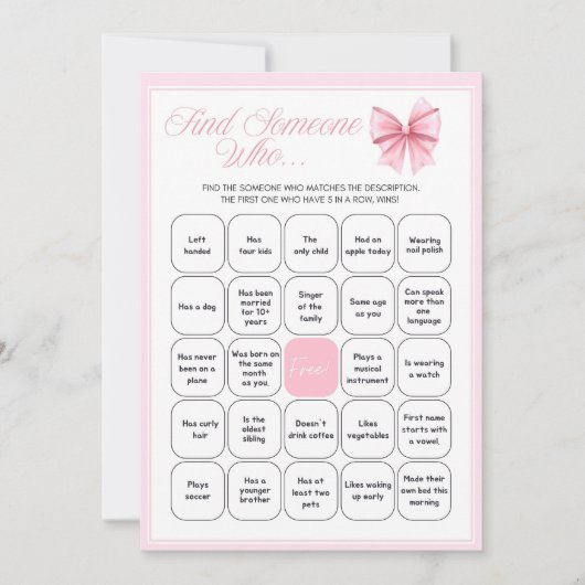 Pink Bow Coquette Baby shower - Bewerkbare naam, 5 Kaart (Voorkant)