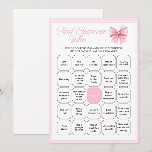 Pink Bow Coquette Baby shower - Bewerkbare naam, 5 Kaart (Voorkant / Achterkant)