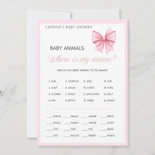 Pink Bow Coquette Baby shower - Bewerkbare naam, 5 Kaart (Voorkant)