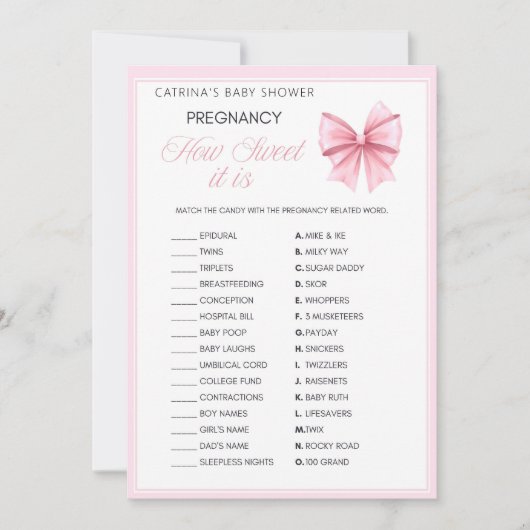 Pink Bow Coquette Baby shower - Bewerkbare naam, 5 Kaart (Voorkant)