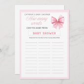 Pink Bow Coquette Baby shower - Bewerkbare naam, 5 Kaart (Voorkant / Achterkant)