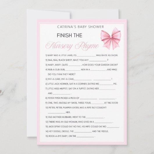 Pink Bow Coquette Baby shower - Bewerkbare naam, 5 Kaart (Voorkant)