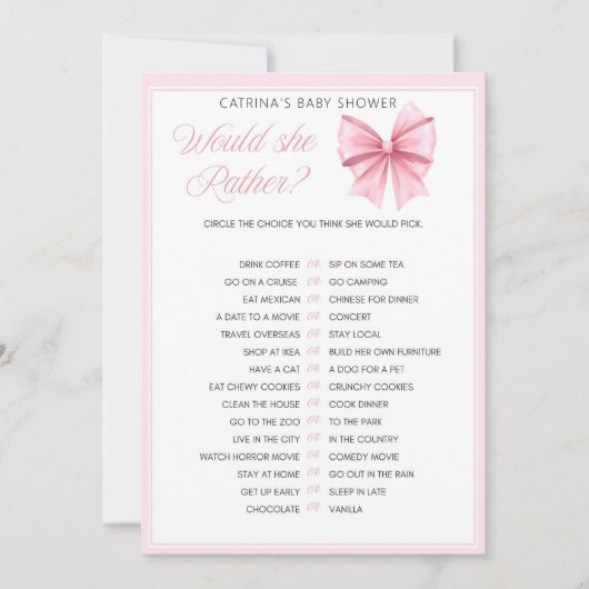 Pink Bow Coquette Baby shower - Bewerkbare naam, 5 Kaart (Voorkant)