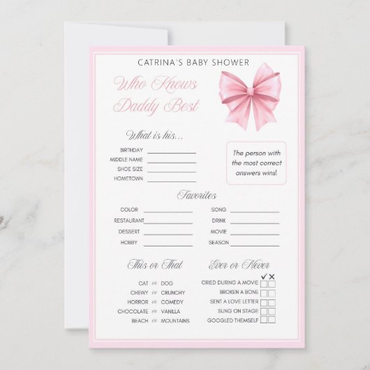 Pink Bow Coquette Baby shower - Bewerkbare naam, 5 Kaart (Voorkant)