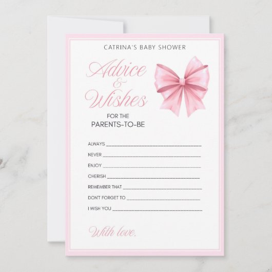Pink Bow Coquette Baby shower - Bewerkbare naam, 5 Kaart (Voorkant)