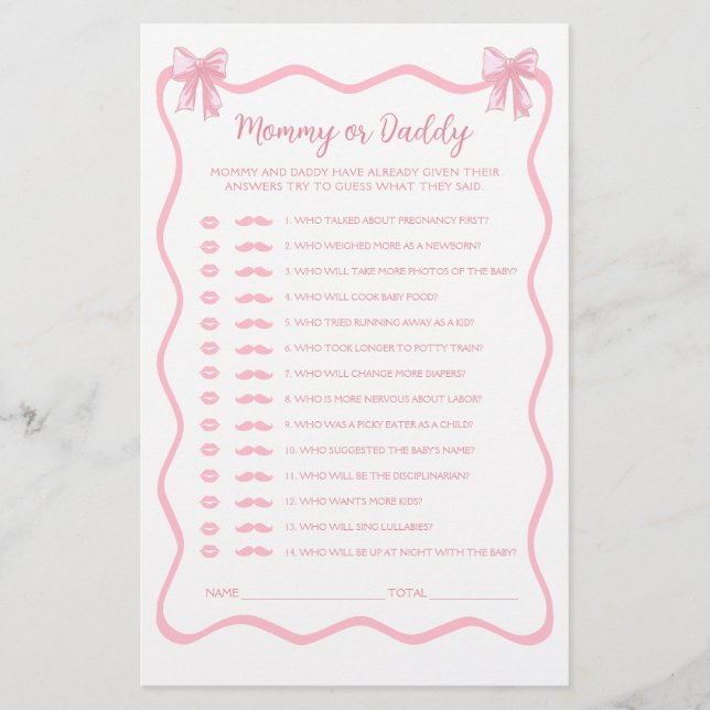 Pink Bow Coquette Baby shower Guess Wie spel (Voorkant)