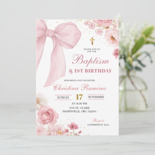 Pink Bow coquette Baptism & First Birthday  Kaart (Staand voorkant)