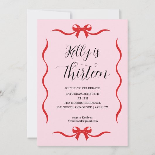 Pink Bow Coquette Bow Birthday Invitation, 13th Kaart (Voorkant)