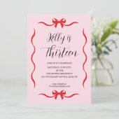Pink Bow Coquette Bow Birthday Invitation, 13th Kaart (Staand voorkant)