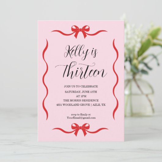 Pink Bow Coquette Bow Birthday Invitation, 13th Kaart (Staand voorkant)