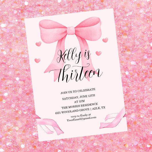 Pink Bow Coquette Bow Birthday Invitation, 13th Kaart