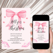 Pink Bow Coquette Bow Birthday Thirteen Invitation Kaart