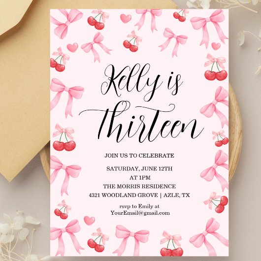 Pink Bow Coquette Bow Cherry Birthday, 13th Kaart