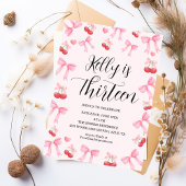 Pink Bow Coquette Bow Cherry Birthday, 13th Kaart