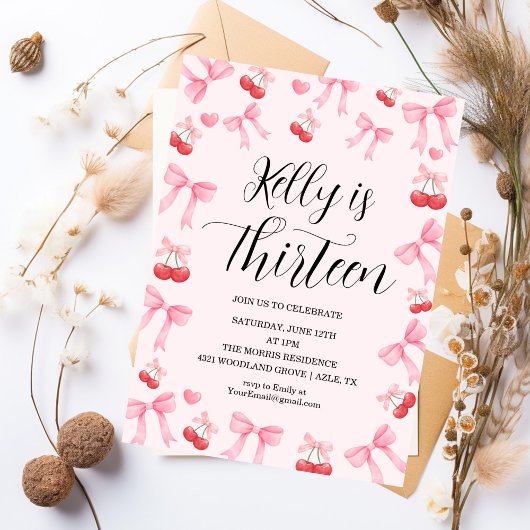 Pink Bow Coquette Bow Cherry Birthday, 13th Kaart