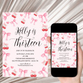 Pink Bow Coquette Bow Cherry Birthday, 13th Kaart