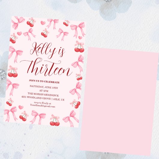 Pink Bow Coquette Bow Cherry Birthday, 13th Kaart