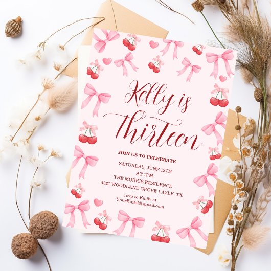 Pink Bow Coquette Bow Cherry Birthday, 13th Kaart