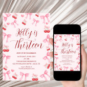 Pink Bow Coquette Bow Cherry Birthday, 13th Kaart