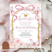 Pink Bow Coquette Butterfly 1st Birthday Invitatio