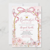 Pink Bow Coquette Butterfly Baby Shower Invitation Kaart (Voorkant)