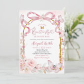 Pink Bow Coquette Butterfly Baby Shower Invitation Kaart (Staand voorkant)