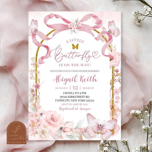 Pink Bow Coquette Butterfly Baby Shower Invitation Kaart