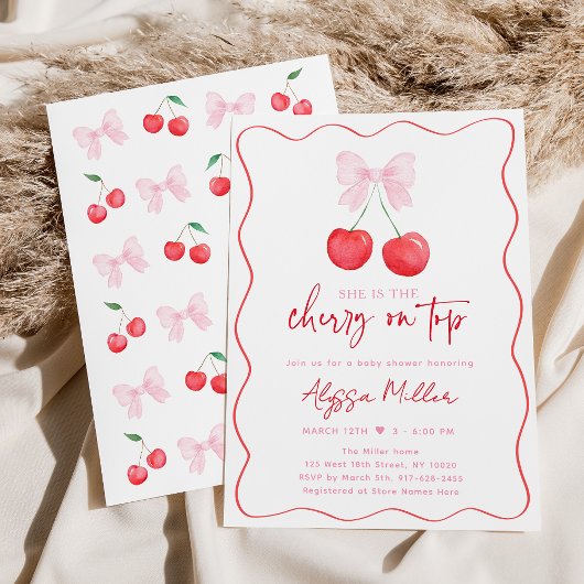 Pink Bow Coquette Cherry Baby shower Kaart