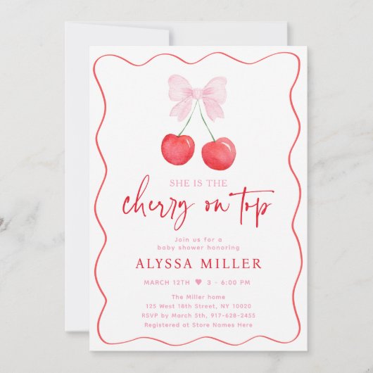 Pink Bow Coquette Cherry op Top Baby shower Kaart (Voorkant)