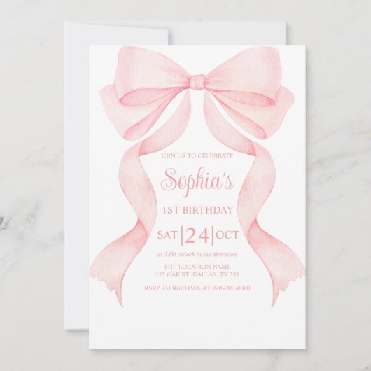 Pink Bow Coquette First Birthday Invitation Kaart (Voorkant)