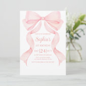 Pink Bow Coquette First Birthday Invitation Kaart (Staand voorkant)